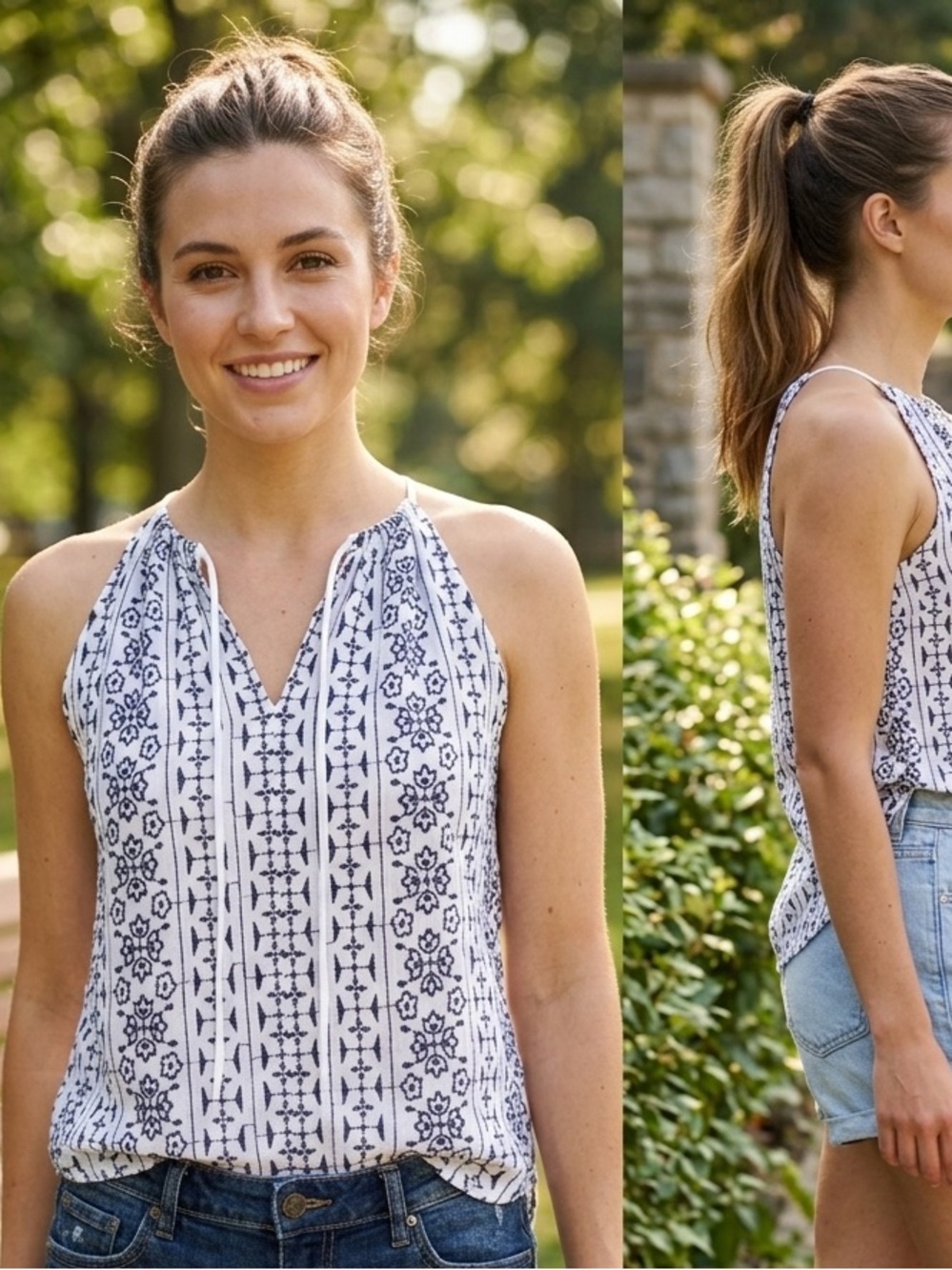 LOFT Navy and White Sleeveless Tank Top